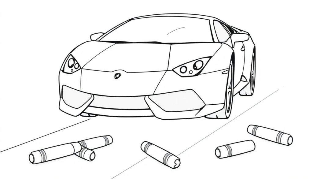A cute Lamborghini coloring panel with crayons on a road.