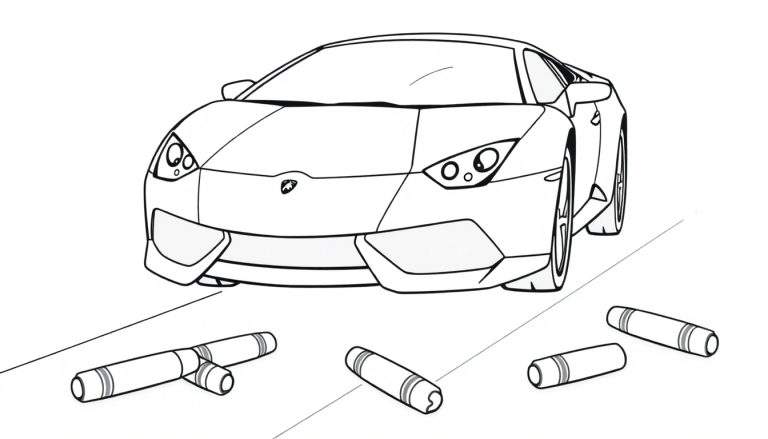 A cute Lamborghini coloring panel with crayons on a road.