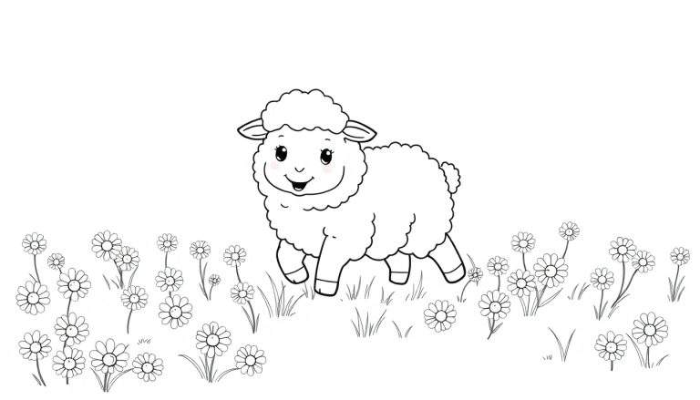 A fluffy baby lamb in a daisy field color panel.