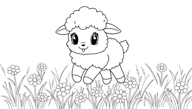 Cute lamb in a flower field coloring panel.