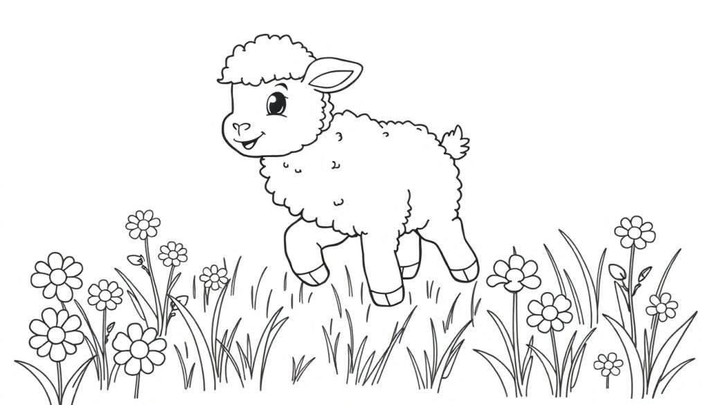 A cute lamb in a flower field coloring panel.