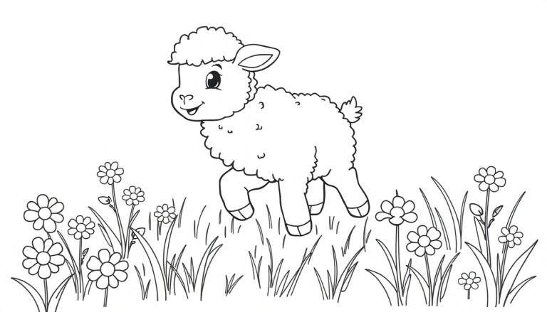 A cute lamb in a flower field coloring panel.