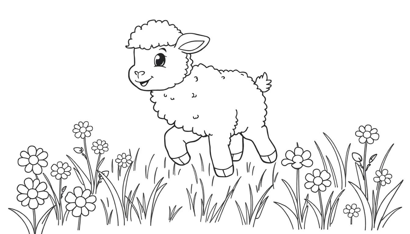 A cute lamb in a flower field coloring panel.