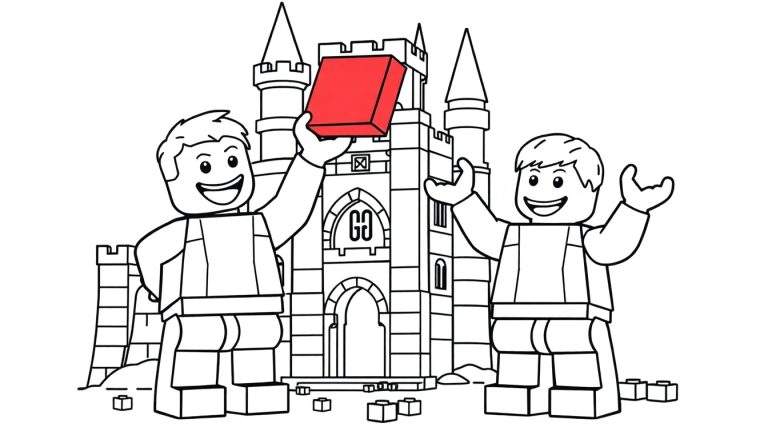 A black and white Lego color panel of two Lego figures building a castle.