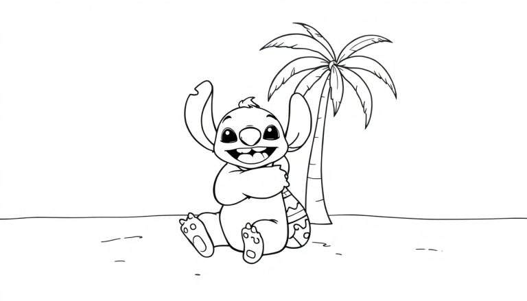 Lilo and Stitch enjoying a coloring book together, with Stitch holding a crayon.