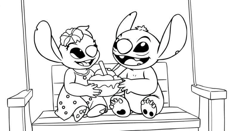 A coloring page of Lilo and Stitch, with Lilo holding Stitch.
