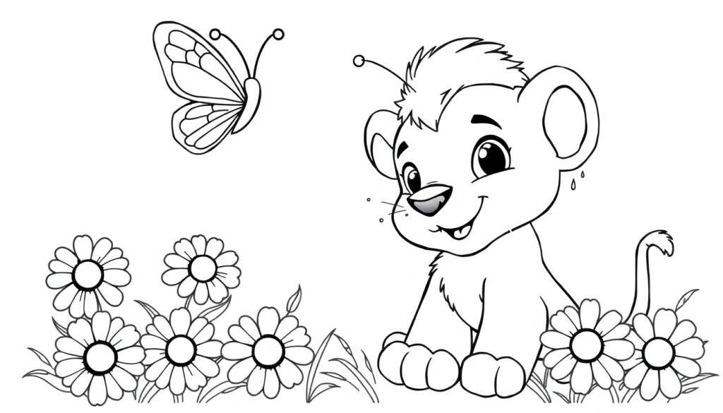 A friendly lion cub sits in a field of daisies, looking up at a butterfly. This black and white color panel is perfect for little artists!