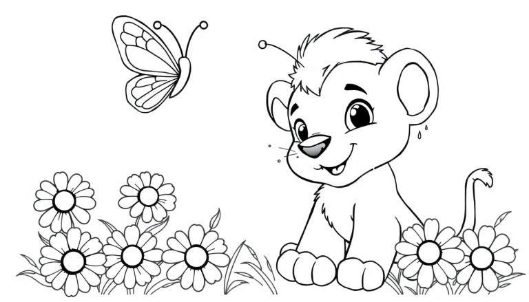 A friendly lion cub sits in a field of daisies, looking up at a butterfly. This black and white color panel is perfect for little artists!