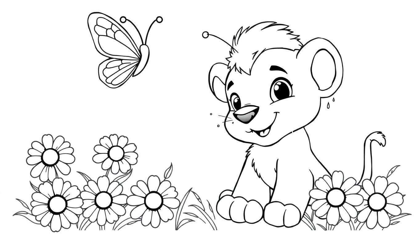 A friendly lion cub sits in a field of daisies, looking up at a butterfly. This black and white color panel is perfect for little artists!