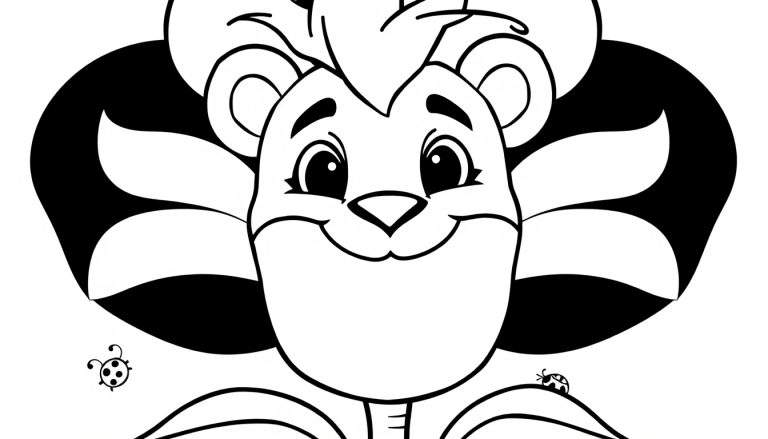 A friendly lion cub peeking out from a black and white flower, with ladybugs. Coloring panel.