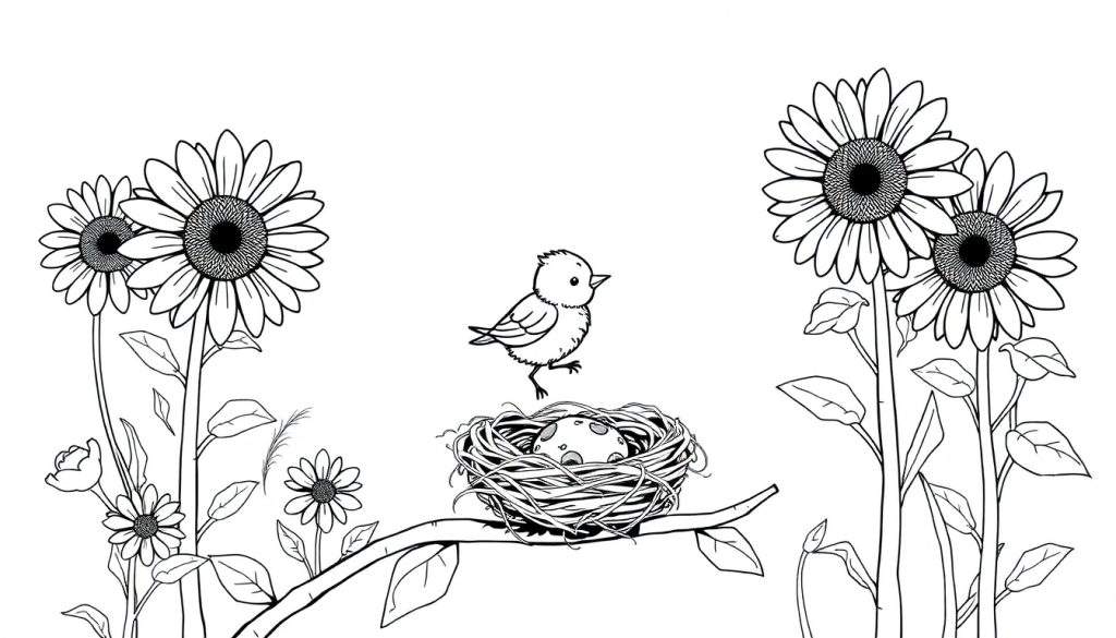 A fluffy baby bird perched on the edge of its nest, looking out at colorful flowers and bright sunshine.