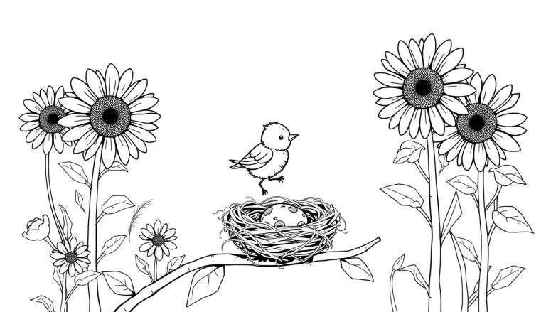 A fluffy baby bird perched on the edge of its nest, looking out at colorful flowers and bright sunshine.