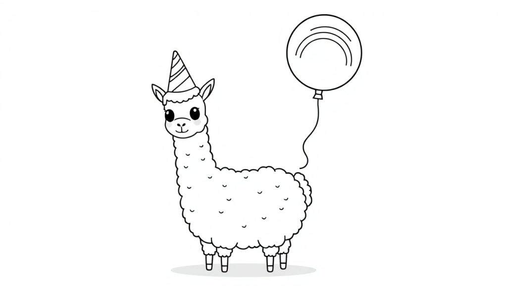 A cute cartoon llama in a party hat, ready for a color panel adventure!