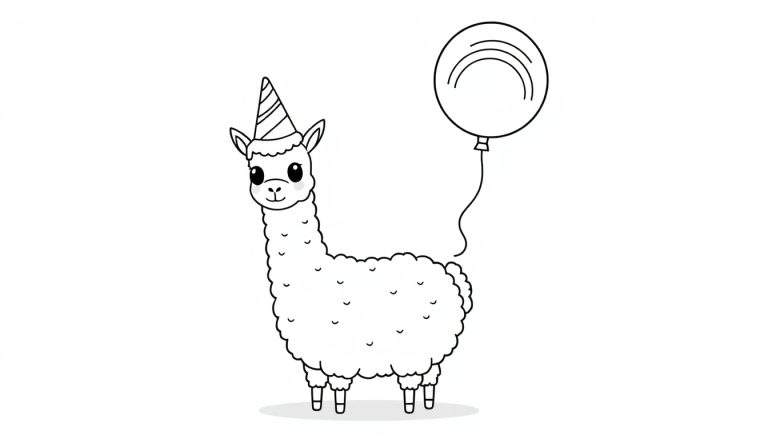 A cute cartoon llama in a party hat, ready for a color panel adventure!