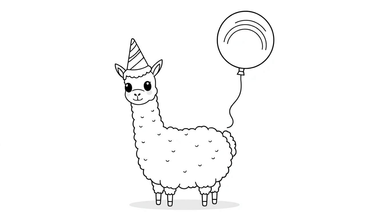 A cute cartoon llama in a party hat, ready for a color panel adventure!
