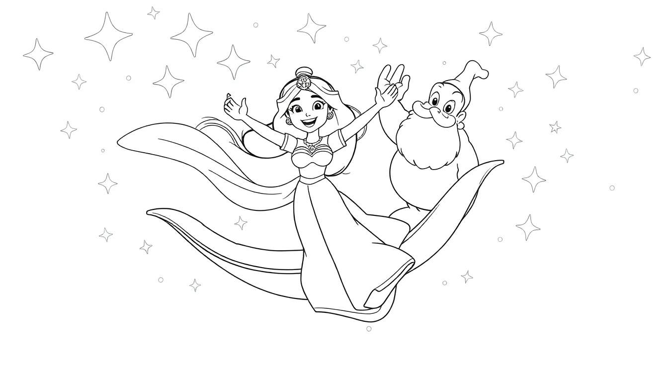 A black and white coloring panel of a young woman and an older man on a flying carpet, with stars and dots. The young woman has long hair and jewelry, her arms are raised in joy. The man has a beard and a pointed hat, waving his hand. This is a fun color panel to complete!