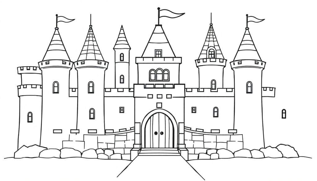 A whimsical black and white line drawing of a castle with turrets and flags, like a fun color panel for kids.