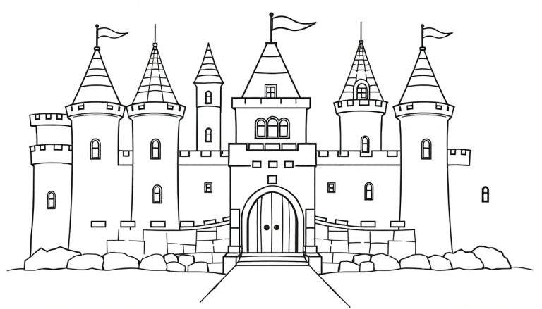 A whimsical black and white line drawing of a castle with turrets and flags, like a fun color panel for kids.