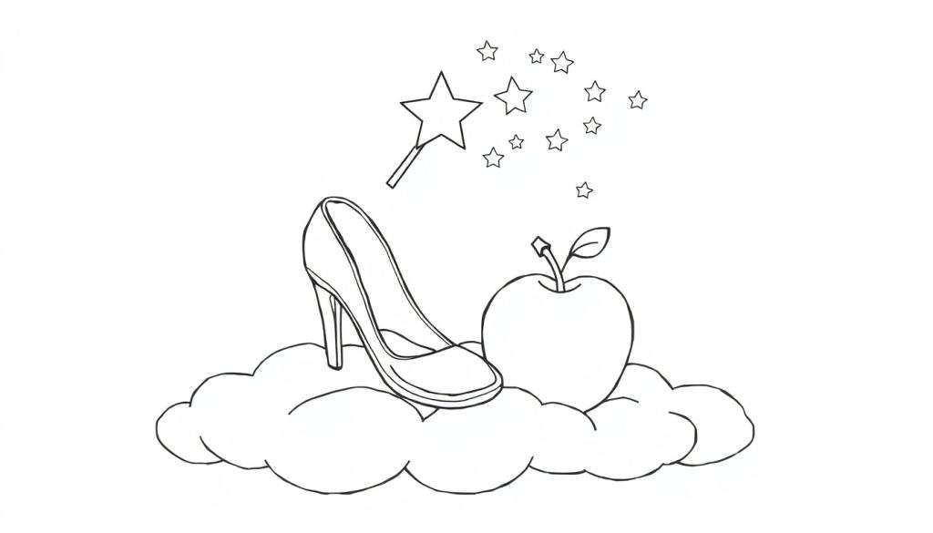 A whimsical black and white color panel drawing of a glass slipper on a cloud, with an apple and a magic wand, ready for coloring.