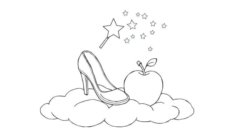 A whimsical black and white color panel drawing of a glass slipper on a cloud, with an apple and a magic wand, ready for coloring.