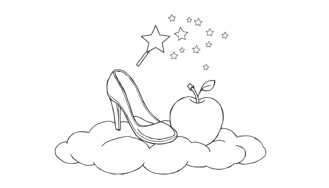 A whimsical black and white color panel drawing of a glass slipper on a cloud, with an apple and a magic wand, ready for coloring.