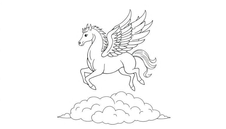 A black and white color panel showing a Pegasus in flight over a fluffy cloud.