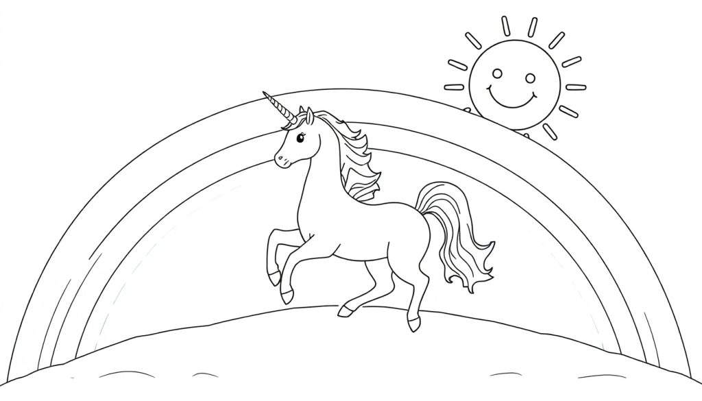 A white unicorn with a flowing mane and tail rides on a vibrant rainbow, with a cheerful sun smiling in the background.