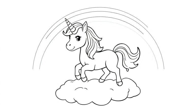 A magical unicorn ready for coloring, sitting on a fluffy cloud with a bright rainbow behind it.