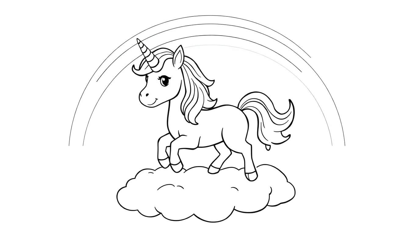 A magical unicorn ready for coloring, sitting on a fluffy cloud with a bright rainbow behind it.