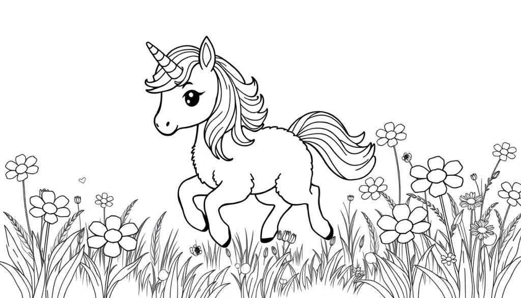 A fluffy baby unicorn with a rainbow mane, prancing through a field of sparkling flowers, ready for coloring fun!