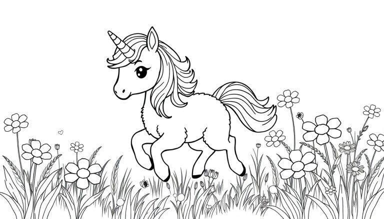 A fluffy baby unicorn with a rainbow mane, prancing through a field of sparkling flowers, ready for coloring fun!