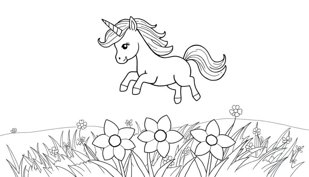 A fluffy baby unicorn with a rainbow mane prancing through sparkling flowers, ready for coloring fun.