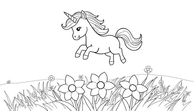 A fluffy baby unicorn with a rainbow mane prancing through sparkling flowers, ready for coloring fun.