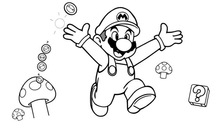 A black and white color panel of Mario mid-jump, collecting coins, with mushrooms and a question mark box below.