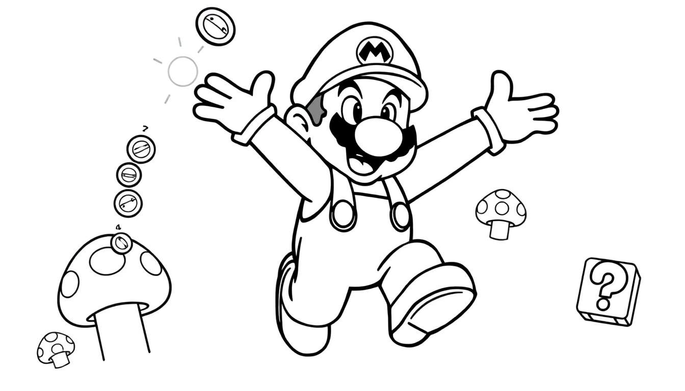 A black and white color panel of Mario mid-jump, collecting coins, with mushrooms and a question mark box below.