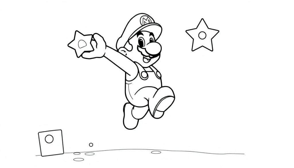 A black and white color panel illustration of Mario jumping with a star, holding another star, with a ? block on the ground.