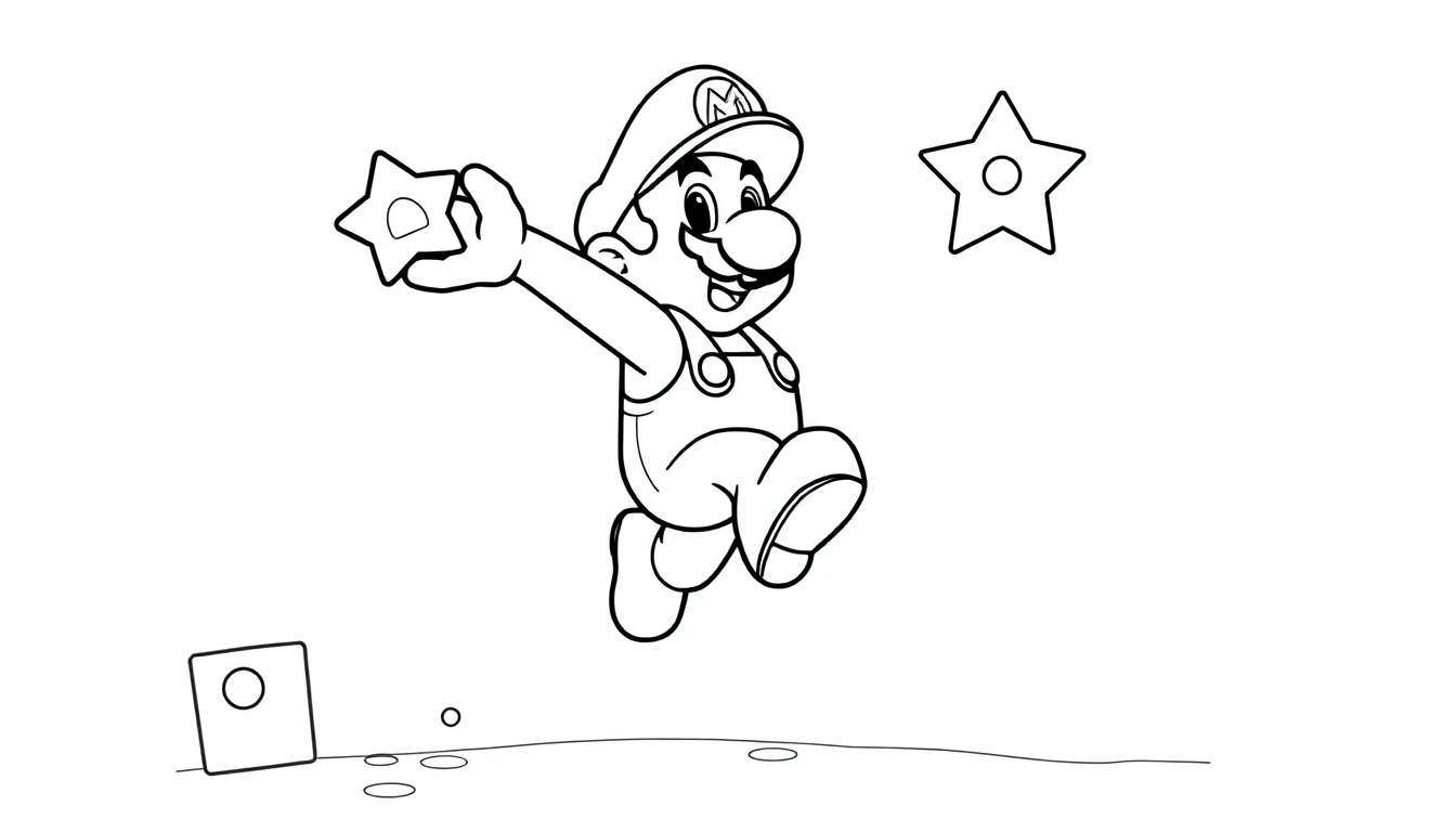 A black and white color panel illustration of Mario jumping with a star, holding another star, with a ? block on the ground.