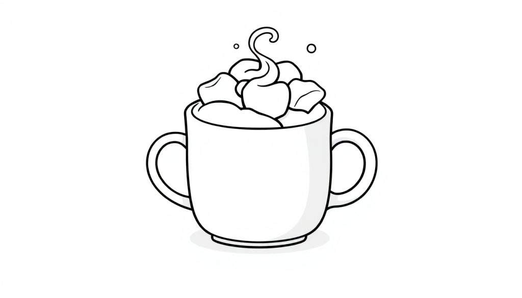 Cute cartoon mug with marshmallows and a swirl on top, ready for a coloring panel.