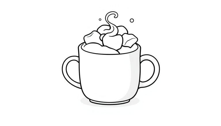 Cute cartoon mug with marshmallows and a swirl on top, ready for a coloring panel.