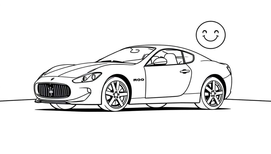 A cute black and white drawing of a Maserati GranTurismo with a smiley face in a circle, on a road, perfect for a color panel.