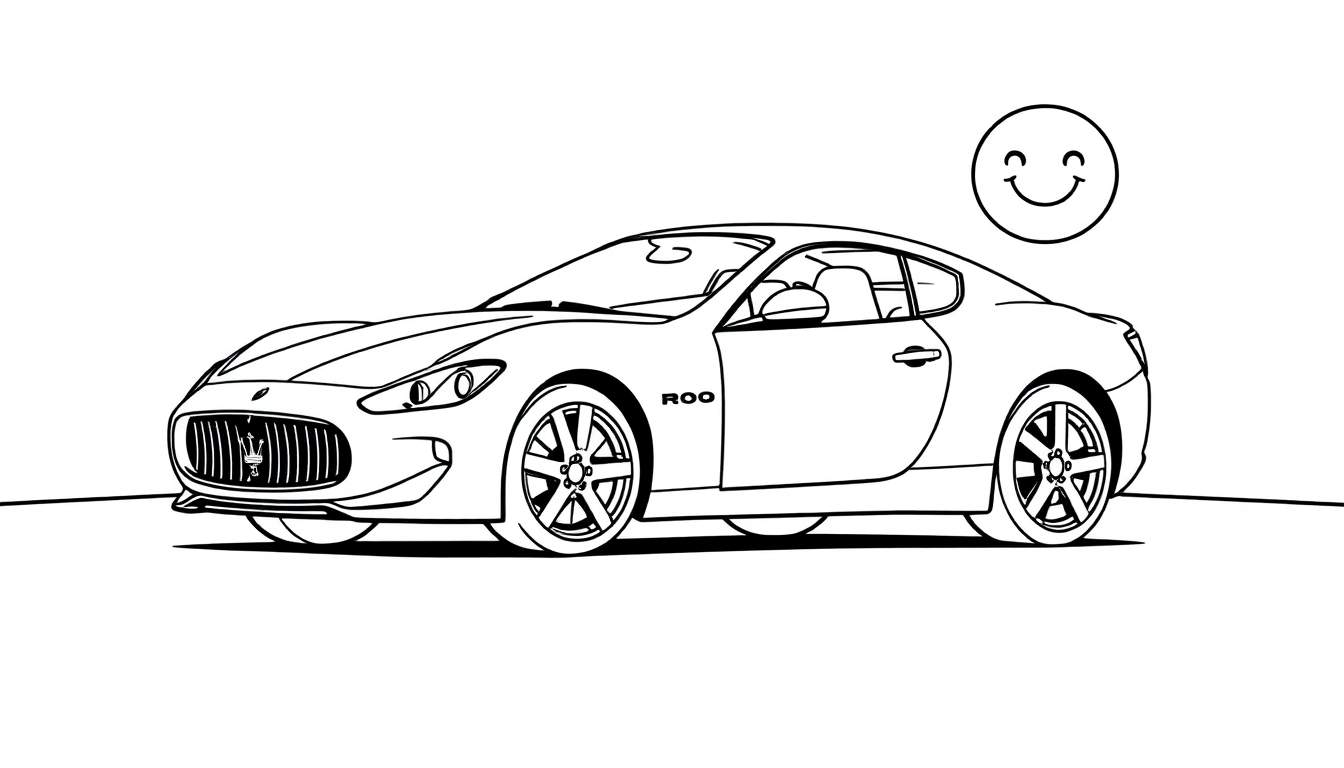 A cute black and white drawing of a Maserati GranTurismo with a smiley face in a circle, on a road, perfect for a color panel.