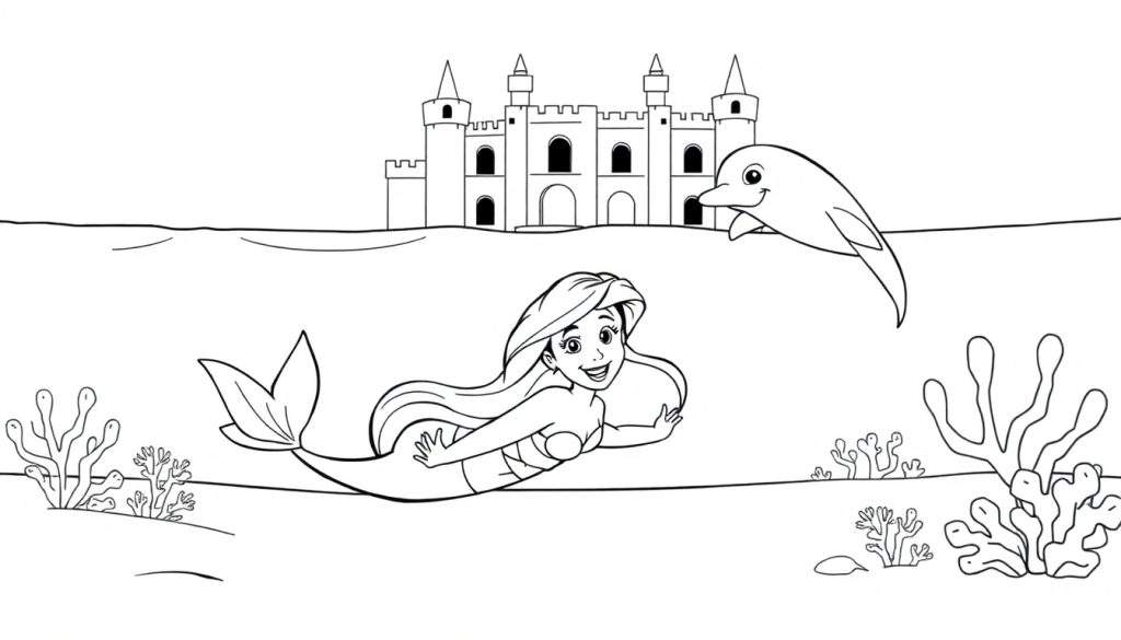 Black and white drawing of a mermaid swimming with a dolphin near a sandcastle, a great color panel.