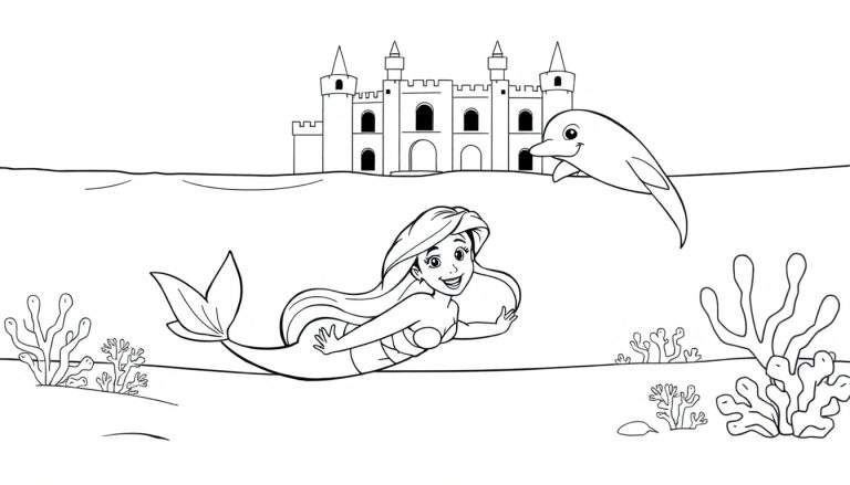 Black and white drawing of a mermaid swimming with a dolphin near a sandcastle, a great color panel.