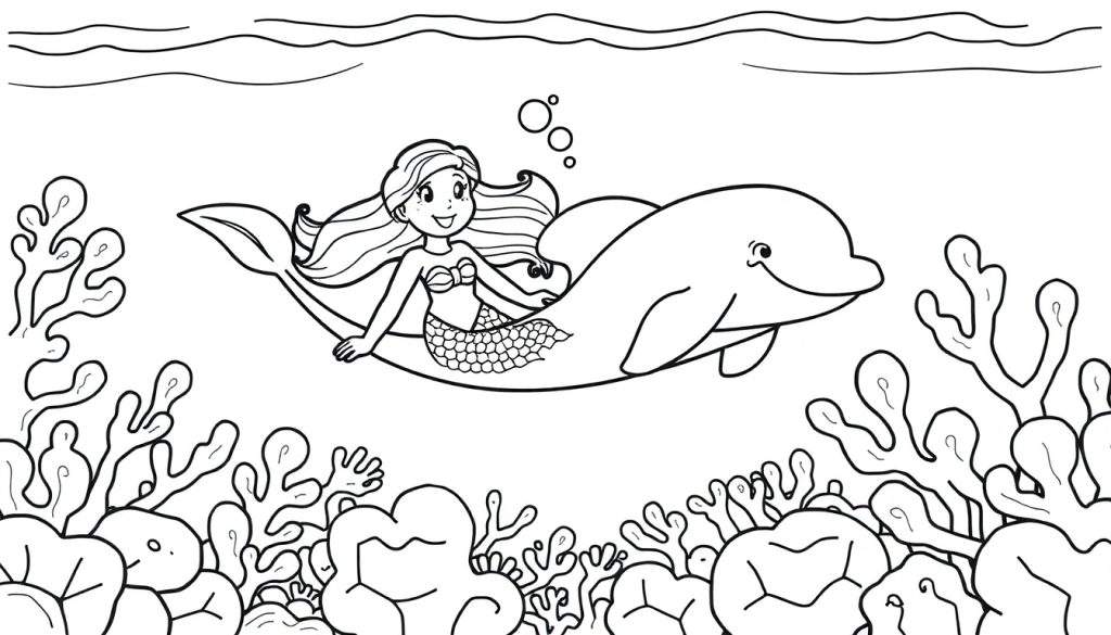 A black and white coloring page of a happy mermaid riding a smiling dolphin, with coral and seaweed below, perfect for a color panel.