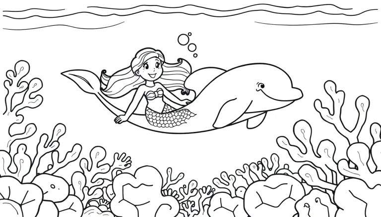 A black and white coloring page of a happy mermaid riding a smiling dolphin, with coral and seaweed below, perfect for a color panel.