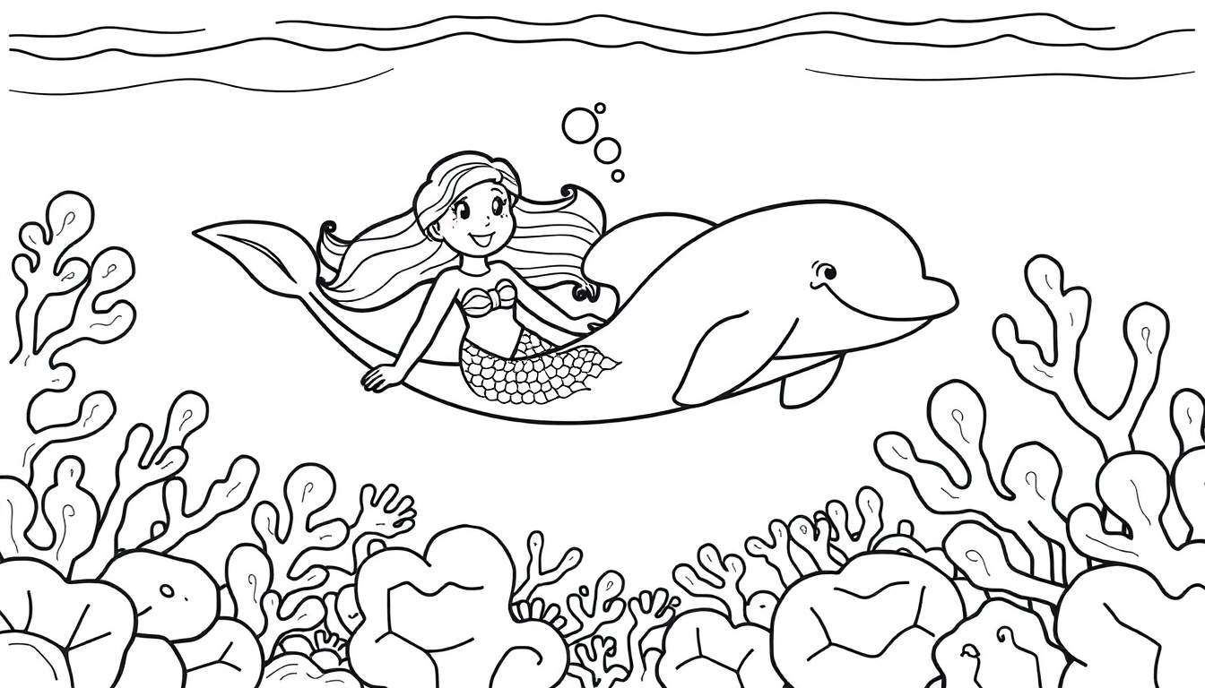A black and white coloring page of a happy mermaid riding a smiling dolphin, with coral and seaweed below, perfect for a color panel.