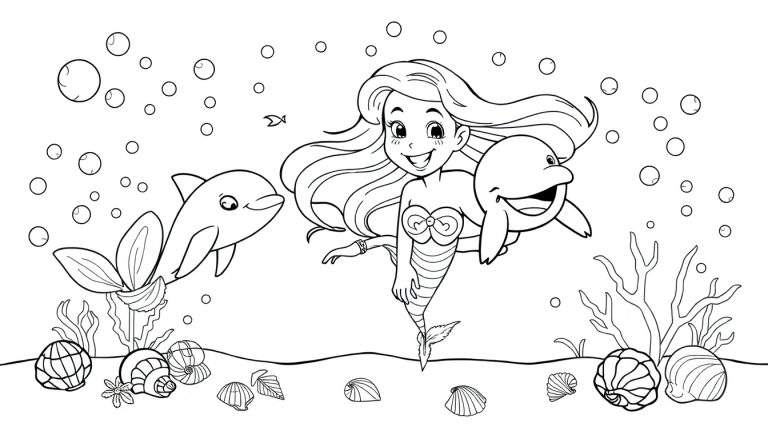 A black and white coloring panel of a smiling mermaid with flowing hair, holding dolphins on either side, surrounded by bubbles, shells, and seaweed.