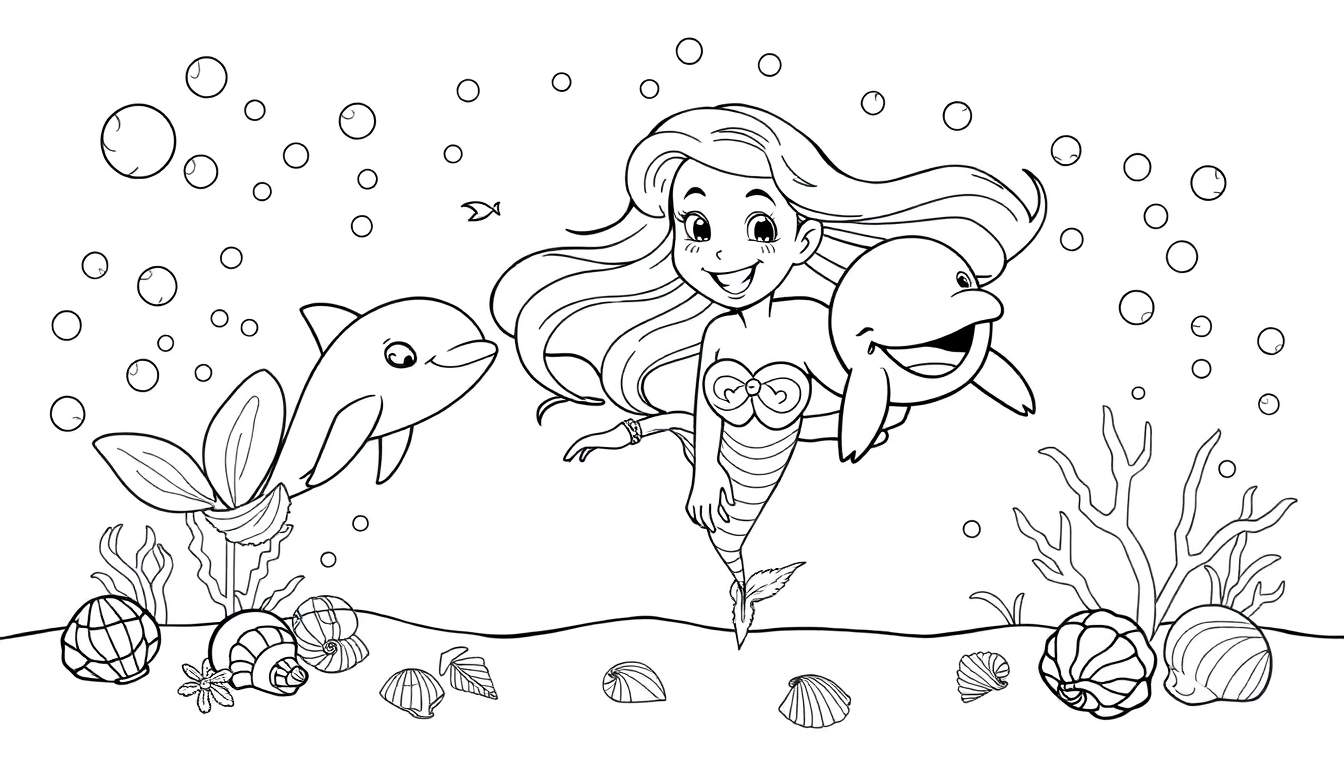A black and white coloring panel of a smiling mermaid with flowing hair, holding dolphins on either side, surrounded by bubbles, shells, and seaweed.