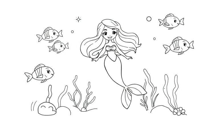 A happy mermaid coloring panel with fish and seaweed.