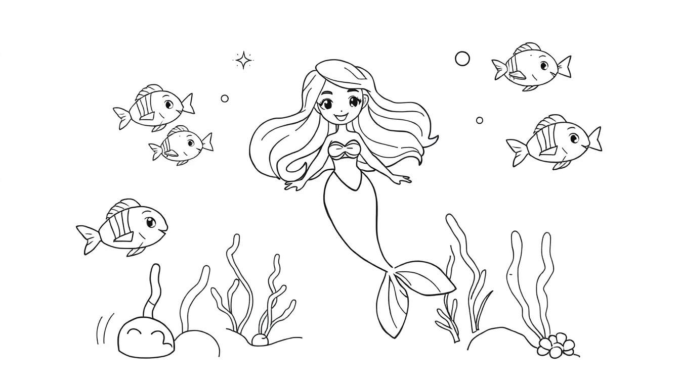 A happy mermaid coloring panel with fish and seaweed.
